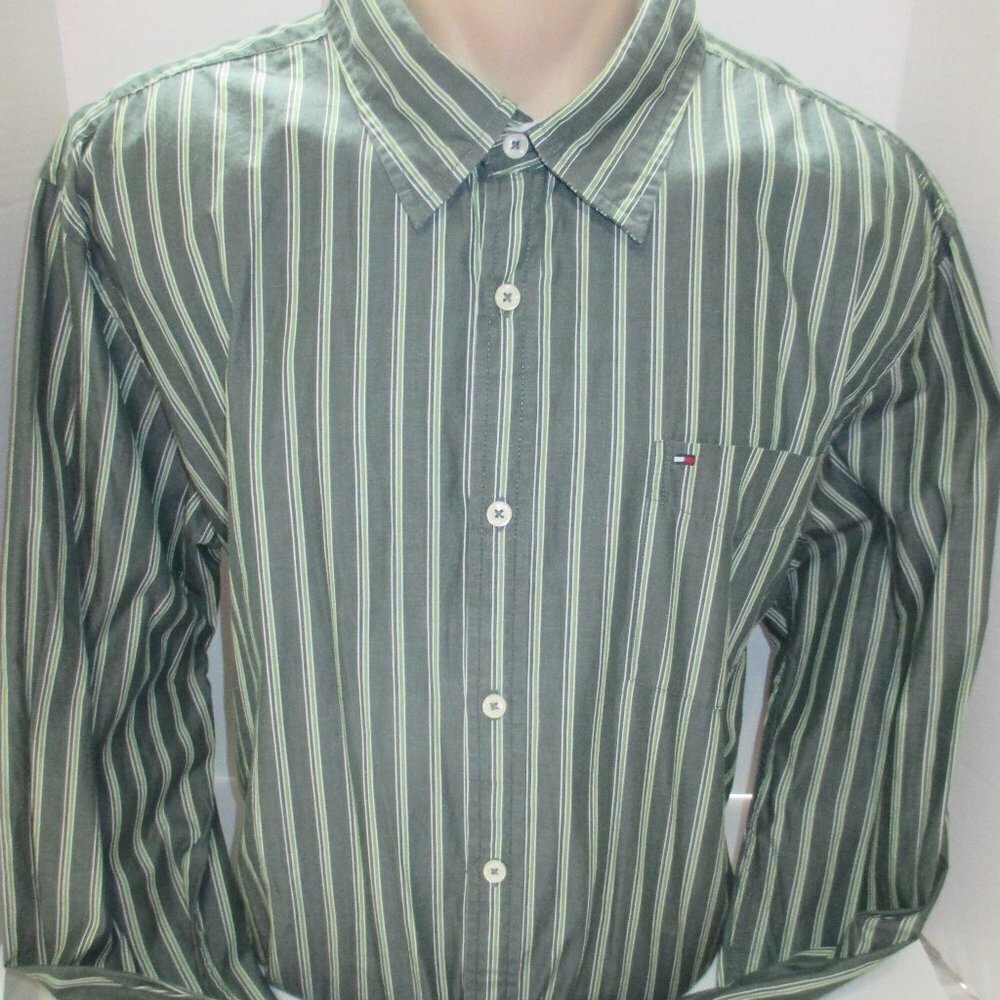 TOMMY HILFIGER Green White Stripe Long Sleeve Button Down Shirt SIZE  XL